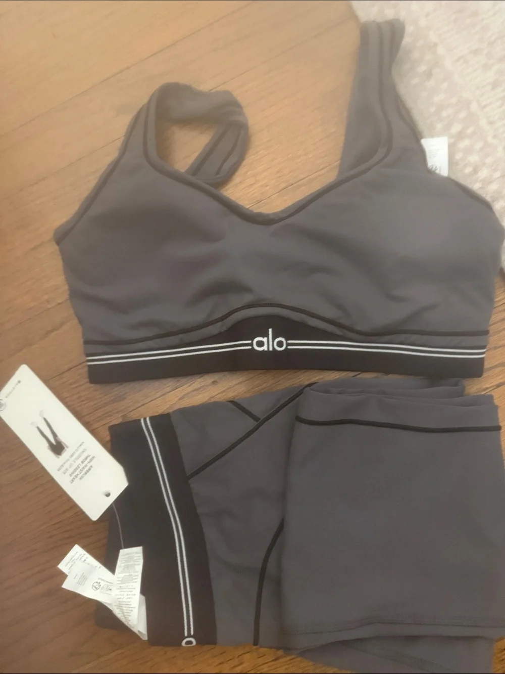ALO Yoga Charcoal Gray Sports Bra and Shorts Set